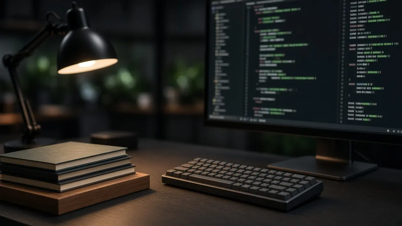 Primer plano de un teclado y un monitor en un estudio de software.